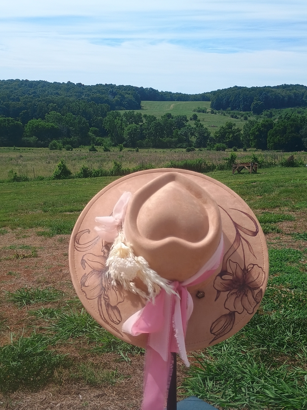 Blush Pink Floral Wide-Brim Felt Hat with Ribbon Trim "The Lu Lu"